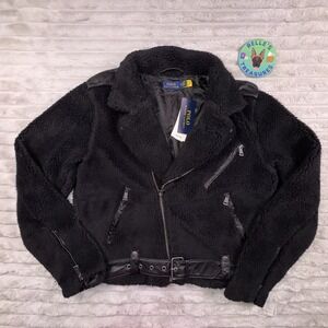 Polo Ralph Lauren Moto Jacket Women's Medium Fleece Sherpa Biker‎ Black NEW $395